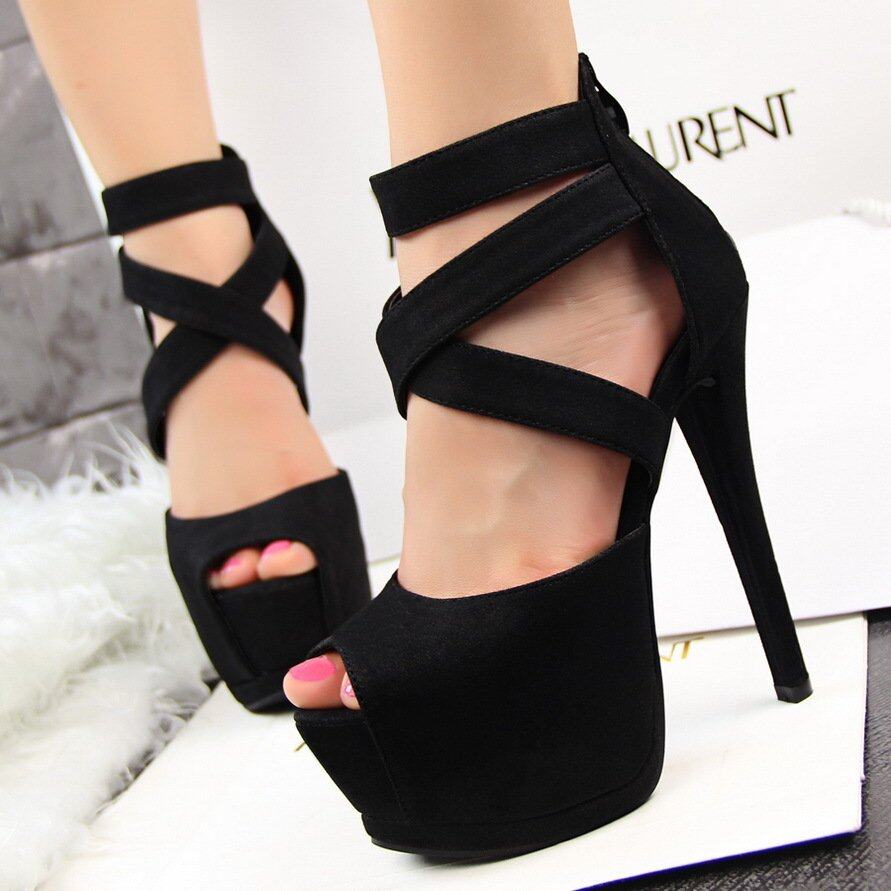 Woman Pumps Platform High-Heeled Shoes Thin Heels Heeled Sandals Suede Round Toe Ladies Wedding Shoes Ankle Strap Open Toe Women Shoes High Heels (Black)